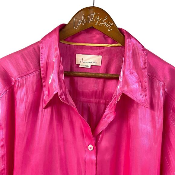 by Anthropologie Pink Shiny Silky Shirt Long Sleeve Blouse Iridescent - Picture 2 of 7